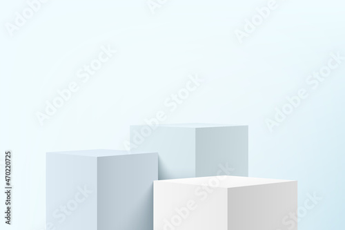 White and blue realistic 3D steps cube stand podium set with shadow and lighting. Vector abstract studio room with geometric platform design. Minimal scene for products showcase, Promotion display.