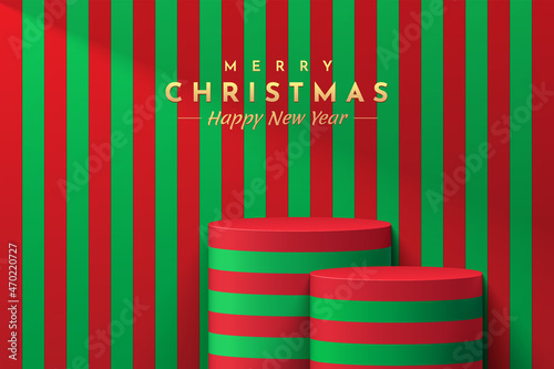 Red and green realistic 3D cylinder stand podium set, Green and red stripes wall scene. Vector abstract studio room with platform design. Minimal merry christmas scene for Promotion display, Showcase.