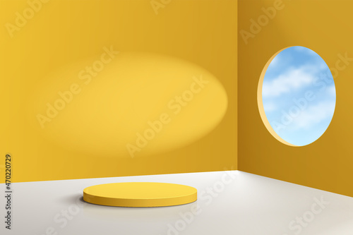 Yellow realistic 3D cylinder pedestal podium with blue sky in circle window. Pastel minimal scene for products showcase, Promotion display. Vector abstract studio room with geometric platform design.