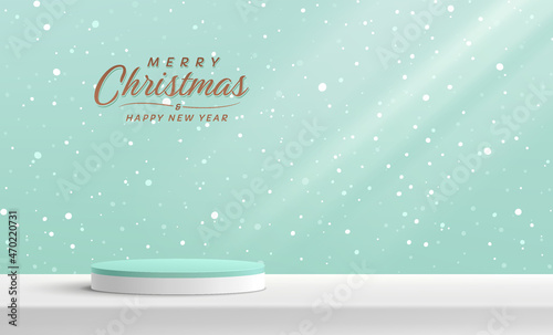 White and green realistic 3D cylinder pedestal podium with snowflakes pattern background. Christmas scene for products showcase, Promotion display. Vector abstract studio room with geometric platform.