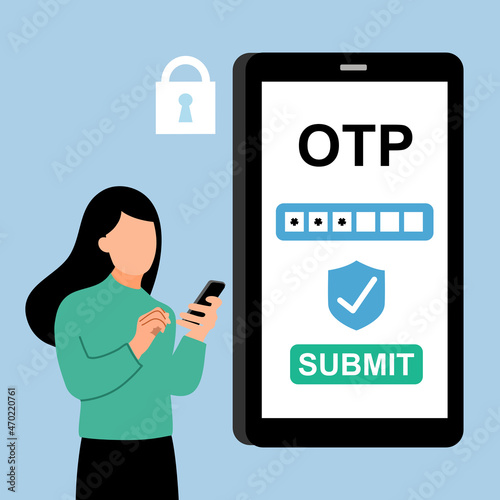 Woman using security OTP one time password verification for mobile app on smartphone screen in flat design.