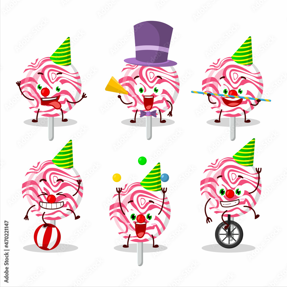 Cartoon character of pink swirl candy with various circus shows