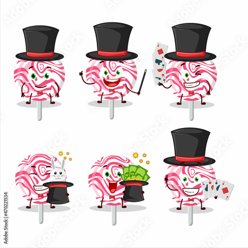 A pink swirl candy Magician cartoon character perform on a stage