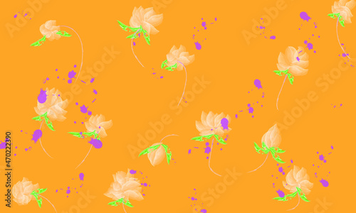 Yellow flowers with leaves on hand drawn orange background. watercolor painting vector illustration