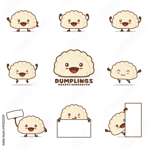 Cute dumpling cartoon mascot illustration, with happy facial expressions and different poses