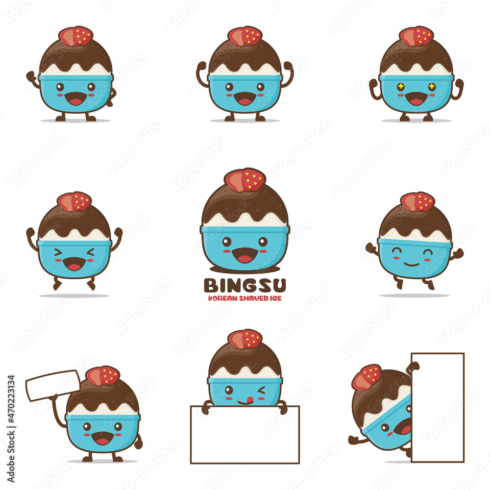 bingsu cartoon illustration, korean shaved ice, with happy facial expressions and different poses bingsu cartoon illustration, korean shaved ice, with happy facial expressions and different poses