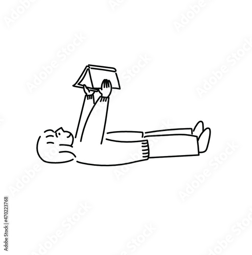 寝転がって本を読む　読書　イラスト　寝転ぶ