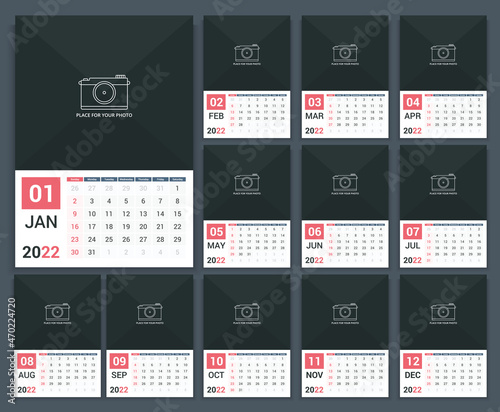 2022 Calendar template, week starts on Sunday, a3 size, place for your photo