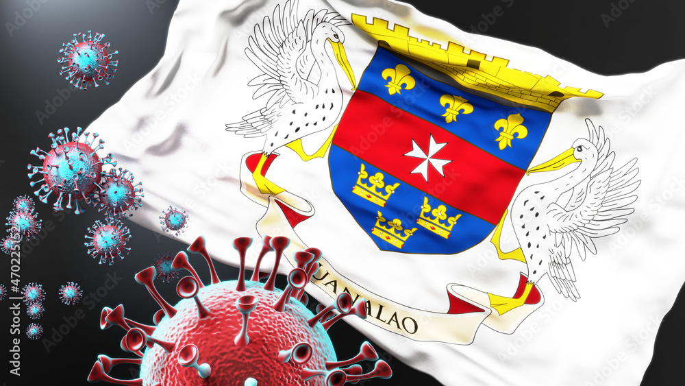 Saint Barthelemy and the covid pandemic - corona virus attacking national flag of Saint Barthelemy to symbolize the fight, struggle and the virus presence in this country, 3d illustration