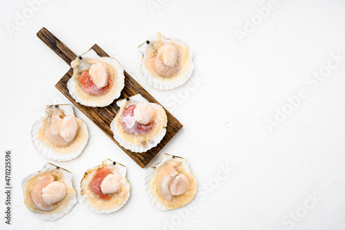 Frozen scallops, on white stone table background, top view flat lay, with copy space for text