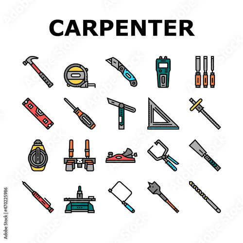Carpenter Tool And Accessory Icons Set Vector. Carpenter Pencil And Chisel, Saw And Hammer, Sliding Bevel And Tape Meter Measuring Equipment Line. Carpenting Instrument Color Illustrations
