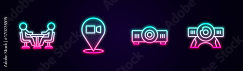 Set line Meeting, Video chat conference, Movie, film, media projector and Web camera. Glowing neon icon. Vector
