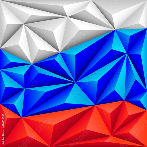 Abstract polygonal background in the form of colorful white, blue and red stripes of the Russian flag. Russian polygonal flag.