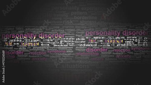 Avoidant personality disorder - essential terms related to it arranged in a 2-color word cloud poster. Reveals related primary and peripheral concepts, 3d illustration