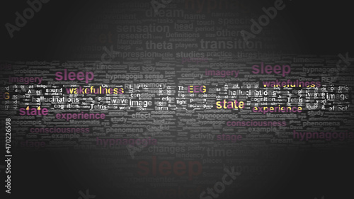 Hypnagogic hallucinations - essential terms related to it arranged in a 2-color word cloud poster. Reveals related primary and peripheral concepts, 3d illustration photo