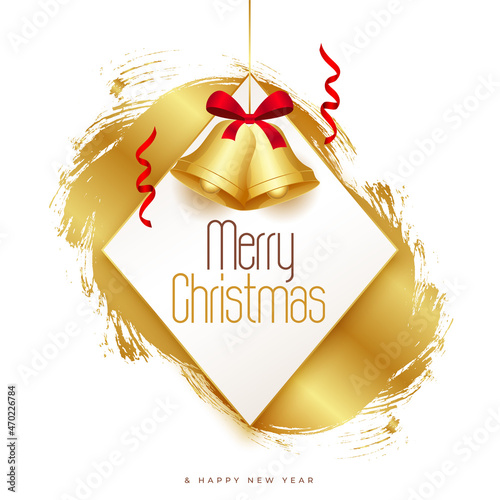 stylish merry christmas greeting with golden bells on grunge background