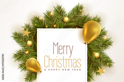 realistic merry christmas greeting with 3d golden balloons and decorations