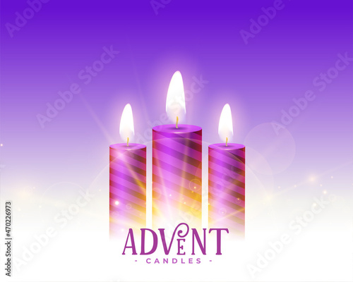 three advent purple light candles background