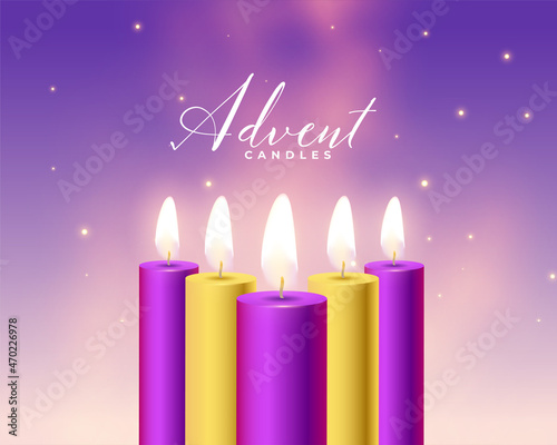 five advent candles in purple and golden color