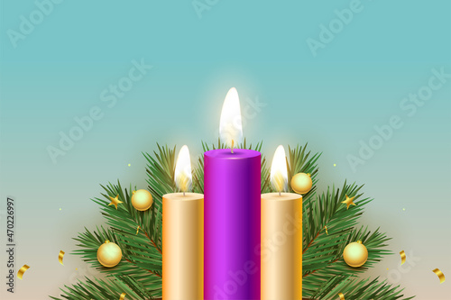 realistic advent candles with christmas decoration background