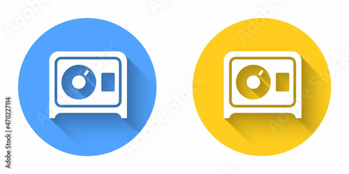 White Safe icon isolated with long shadow background. The door safe a bank vault with a combination lock. Reliable Data Protection. Circle button. Vector