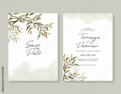 Elegant wedding invitation template with foliage watercolor