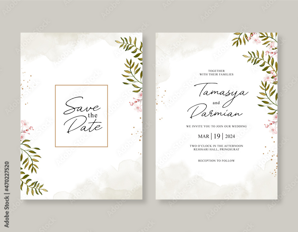 Elegant wedding invitation template with watercolor painting plant