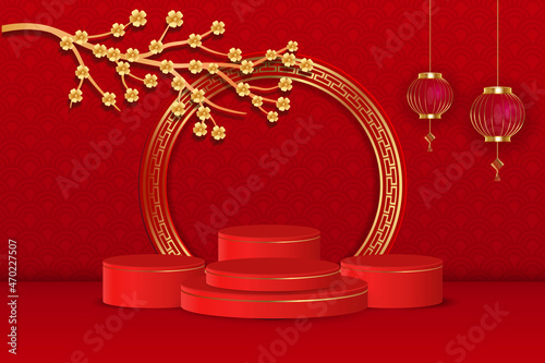 3d podium chinese new year theme with ornament flower and lantern on red background.