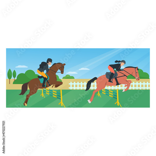 Women jumping horse in equestrian sports. Flat vector illustration 