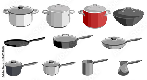Pans pots and saucepans. Kitchen pan objects, kitchenware tools collection for cooking. Elements for boiling and frying cartoon vector illustration isolated on white background.