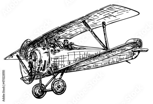 Biplane flying. Vintage hand drawn biplane. Vector airplane illustration. An old airplane. Retro plane sketch. Vector hand drawn illustration.