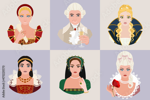 Set of avatars of historical costumes of high society for men and women. Historical costume. Flat vector illustration.