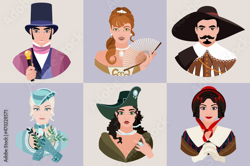 Set of avatars of historical costumes of high society for men and women. Historical costume. Flat vector illustration. photo