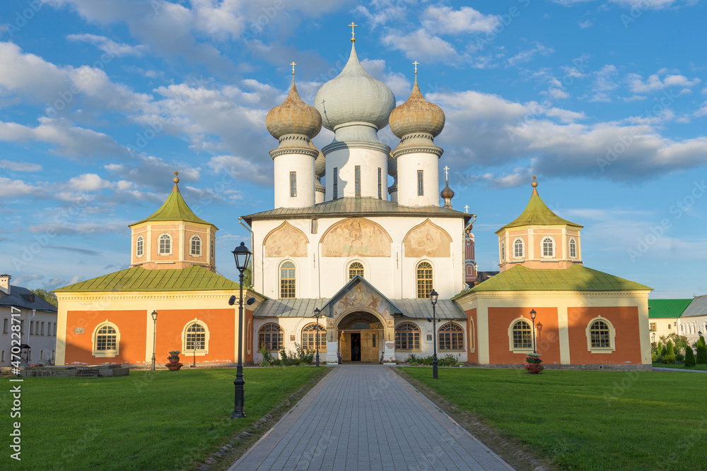 The ancient Assumption Cathedral of the Tikhvin Assumption Monastery close up on a sunny August day. Tikhvin, Russia