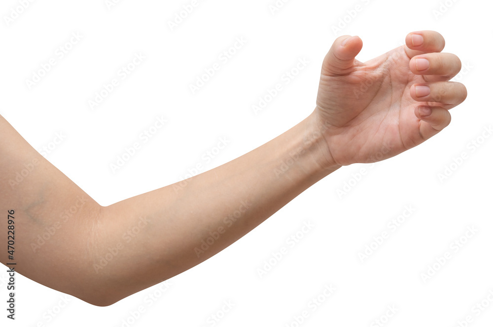 isolated of a woman's hand holding something like a bottle or can. isolated of a woman's hand holding something like a bottle or can.