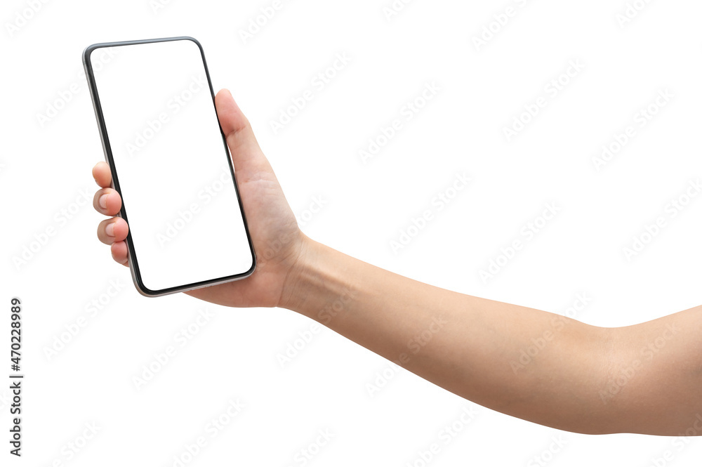 Woman hand holding phone isolated on white background.	
