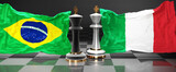 Brazil Italy summit, meeting or aliance between those two countries that aims at solving political issues, symbolized by a chess game with national flags, 3d illustration