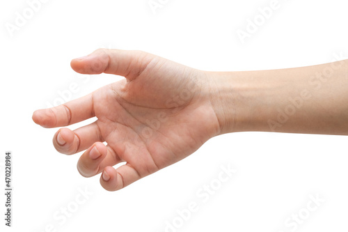 isolated of a woman's hand holding something like a bottle or can.	