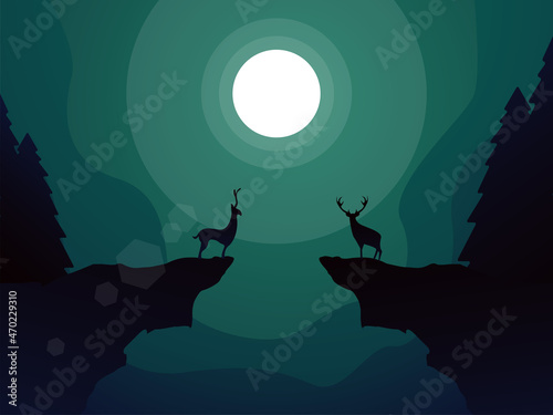 silhouette of deer on a cliff at night, moon at night, night atmosphere, background of deer at night, silhouette of the moon