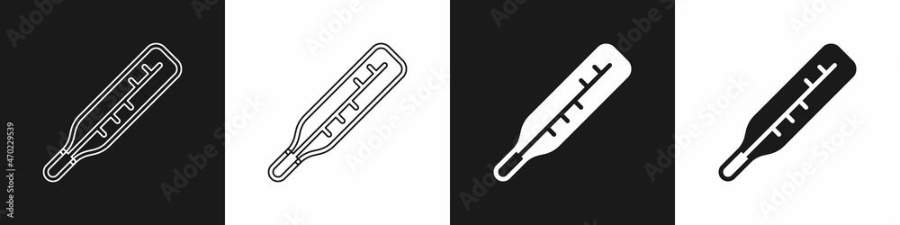Obraz premium Set Medical thermometer for medical examination icon isolated on black and white background. Vector