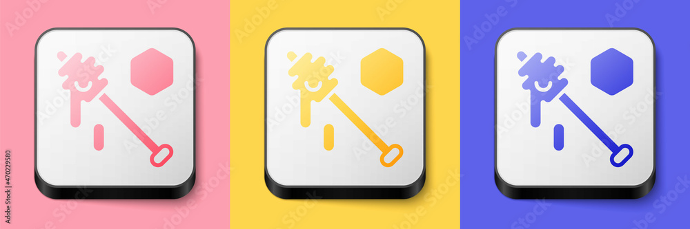 Isometric Honey dipper stick icon isolated on pink, yellow and blue background. Honey ladle. Square button. Vector Isometric Honey dipper stick icon isolated on pink, yellow and blue background. Honey ladle. Square button. Vector