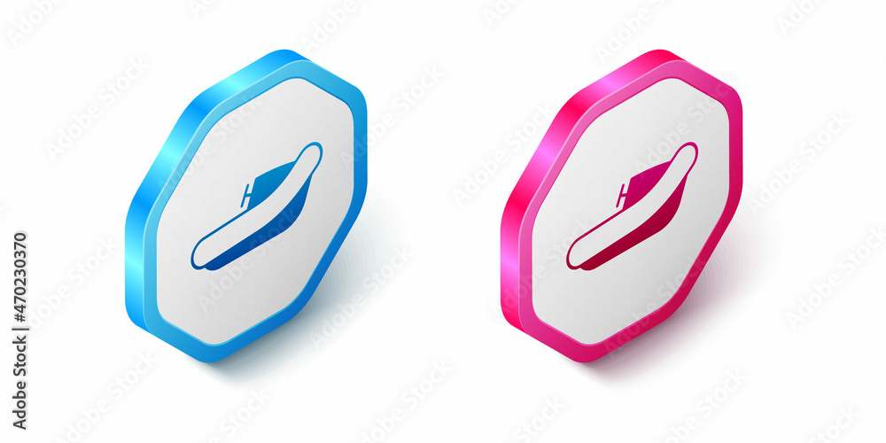 Isometric Inflatable boat with outboard motor icon isolated on white background. Hexagon button. Vector Isometric Inflatable boat with outboard motor icon isolated on white background. Hexagon button. Vector