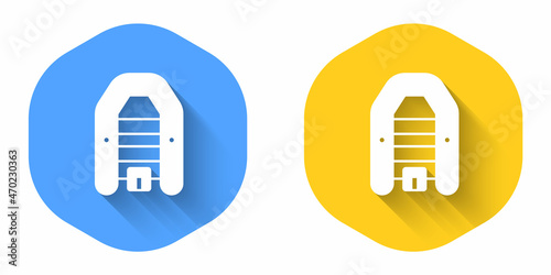 White Inflatable boat with outboard motor icon isolated with long shadow background. Circle button. Vector