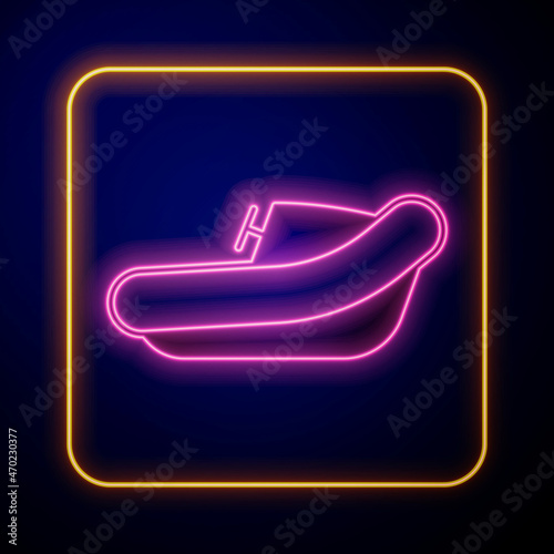 Glowing neon Inflatable boat with outboard motor icon isolated on black background. Vector