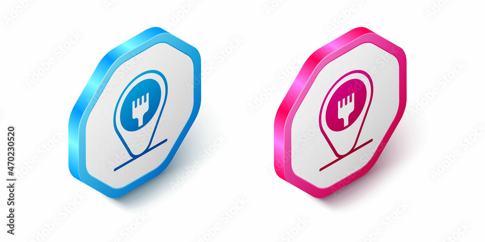 Isometric Cafe and restaurant location icon isolated on white background. Fork eatery sign inside pinpoint. Hexagon button. Vector. Isometric Cafe and restaurant location icon isolated on white background. Fork eatery sign inside pinpoint. Hexagon button. Vector.
