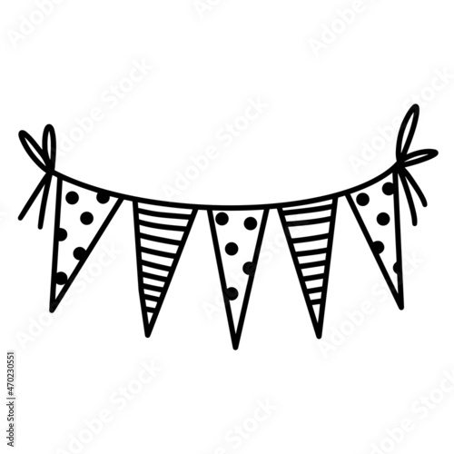 Festive garland vector icon. Hand drawn sketch isolated on white background. Cute triangular flags with stripes, polka dots ornament. Banners hanging from a rope. Concept for birthday, party