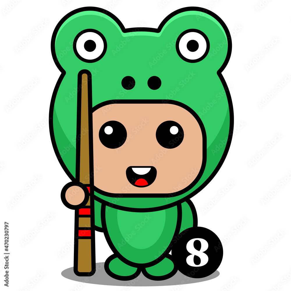 Obraz premium Vector cartoon character Mascot Costume amphibious animal cute frog playing billiard