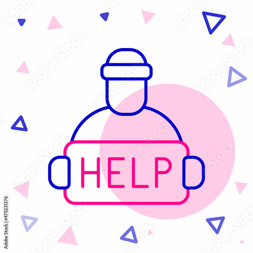 Line Man with cardboard on the city street is asking for help icon isolated on white background. Poor homeless beggar. Homelessness problem. Colorful outline concept. Vector