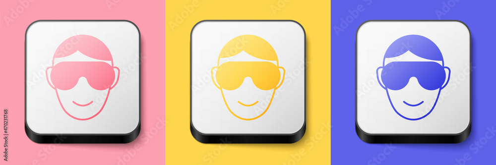 Isometric Eye sleep mask icon isolated on pink, yellow and blue background. Sleeping mask. Square button. Vector Isometric Eye sleep mask icon isolated on pink, yellow and blue background. Sleeping mask. Square button. Vector