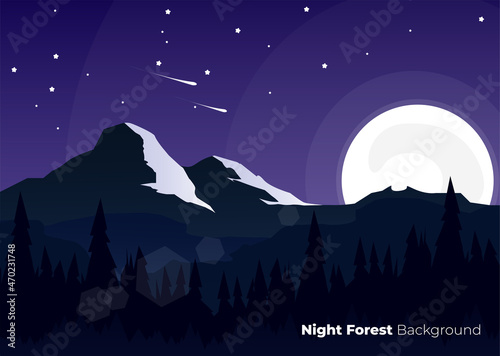 night landscape with mountains, night background with moon, forest in the night day with beautiful full moon